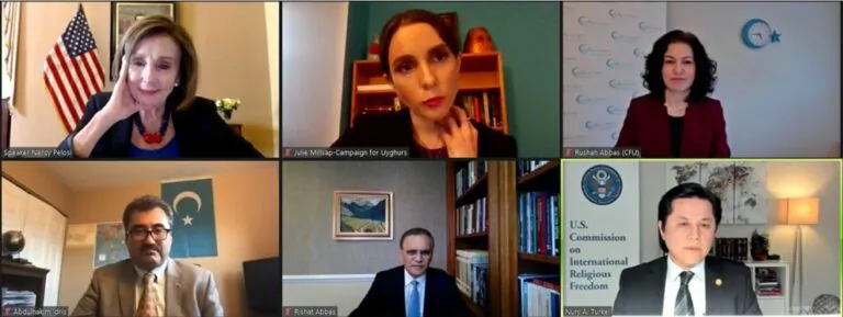 Nancy Pelosi meets with Uyghur advocates online. (CFU Press Release)