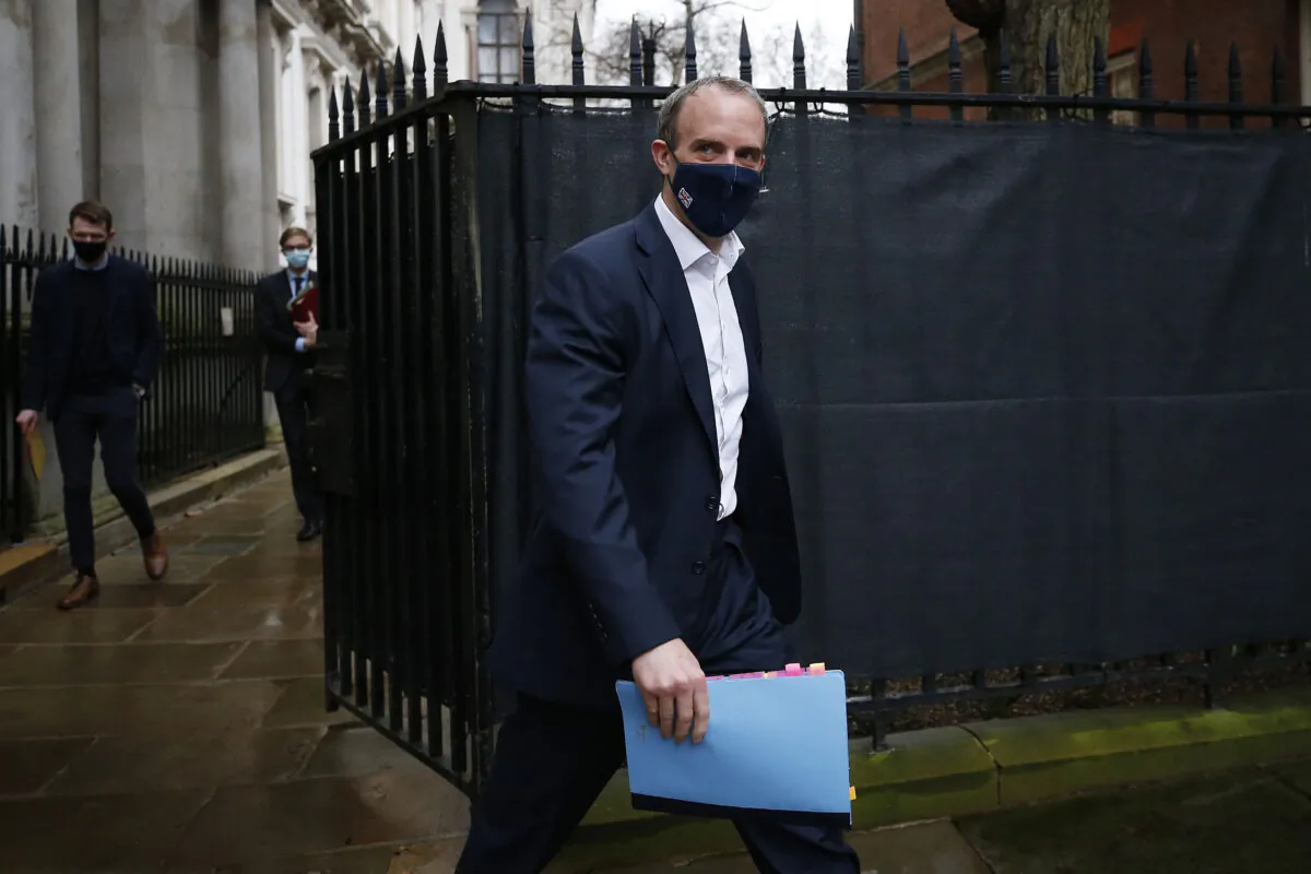 UK Foreign Secretary Dominic Raab arrives at 10 Downing Street in London, England, on Feb. 3, 2021. (Hollie Adams/Getty Images)