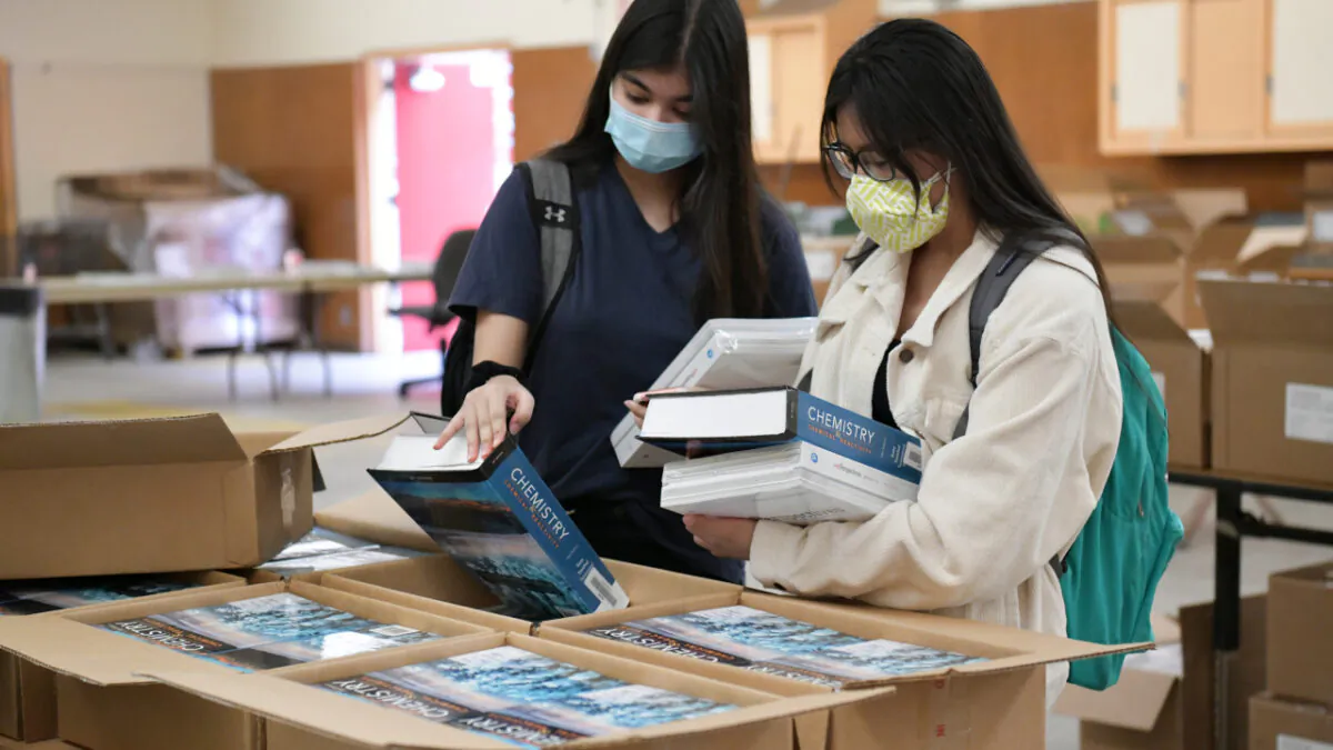 Students pick up their school books at Hollywood High School in Hollywood, Calif., on Aug. 13, 2020. (Rodin Eckenroth/Getty Images)