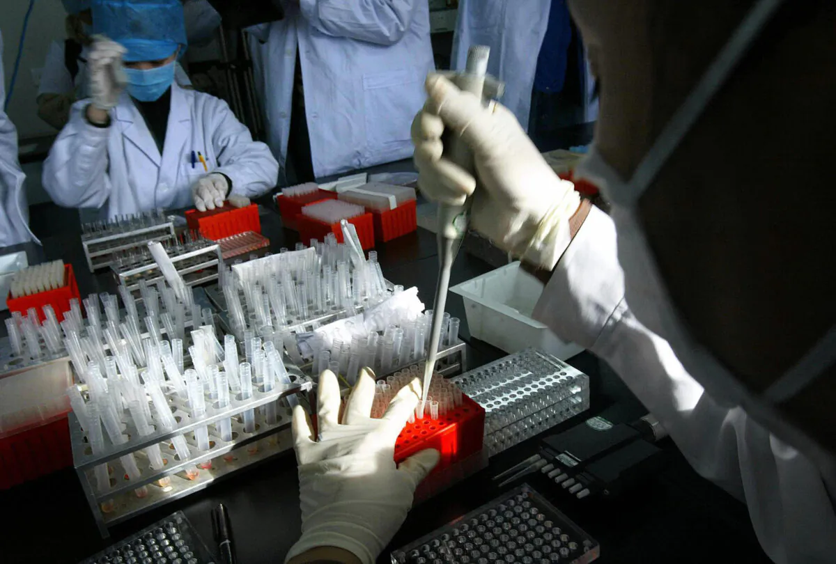 Laboratory technicians test samples of blood at an animal hospital in Beijing on Feb. 6, 2004. (Frederic J. Brown/AFP via Getty Images)