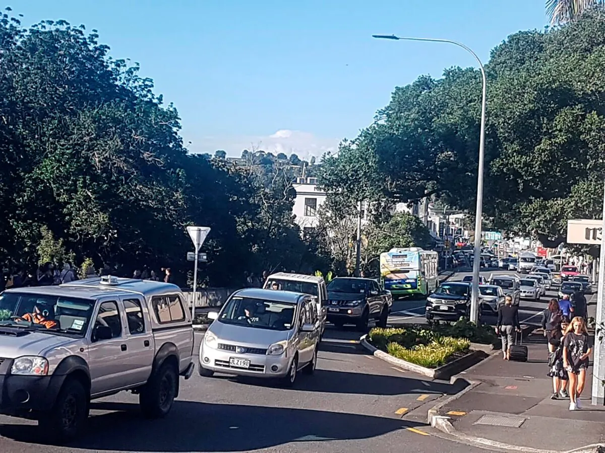 Traffic slowly works up to high ground as a tsunami warning is issued at Whangarei, New Zealand, on Fri. March 5, 2021. (Mike Dinsdale/New Zealand Herald via AP)