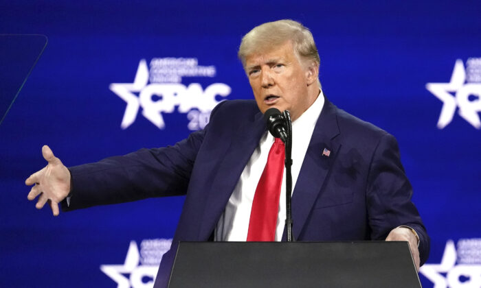 Former President Donald Trump speaks at the Conservative Political Action Conference (CPAC) in Orlando, Fla., on Feb. 28, 2021. (John Raoux/AP Photo)