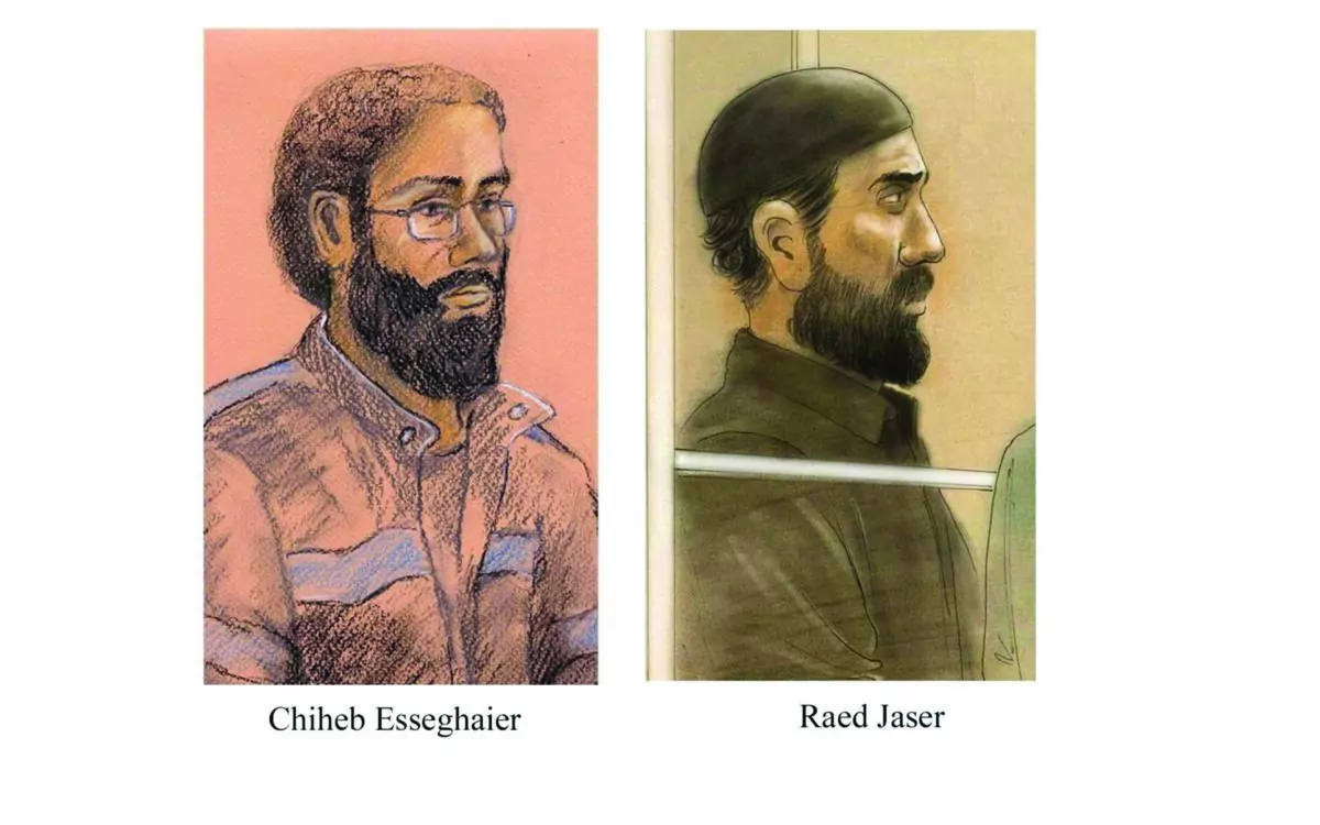 Raed Jaser and Chiheb Esseghaier are pictured in a composite of two courtroom illustrations. The Supreme Court of Canada says two men convicted of terrorism offences received a fair trial even though the judge made errors in assembling the jury. (Tammy Hoy, John Mantha/The Canadian Press)