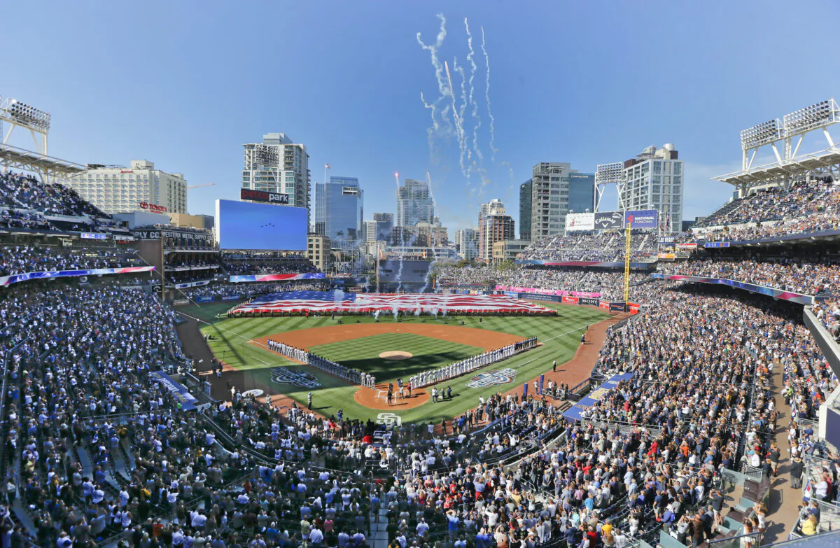 Opening day ceremonies are performed at Petco Park before a baseball game between the Los Angeles Dodgers and the San Diego Padres in San Diego, Calif., on April, 4, 2016. (Lenny Ignelzi/AP Photo)