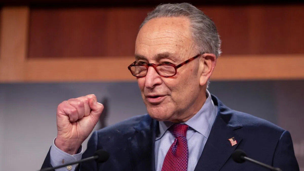 Senate Majority Leader Sen. Chuck Schumer (D-N.Y.) speaks to the press at the U.S. Capitol, in Washington, on March 6, 2021. (Tasos Katopodis/Getty Images)