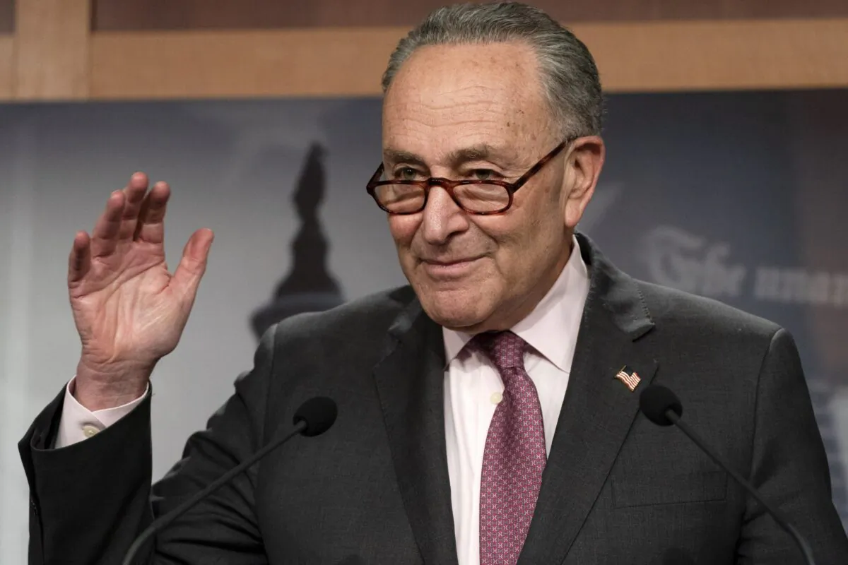 Senate Majority Leader Chuck Schumer, (D-N.Y.), speaks to the media, on Capitol Hill in Washington on March 2, 2021. (Jacquelyn Martin/AP Photo)