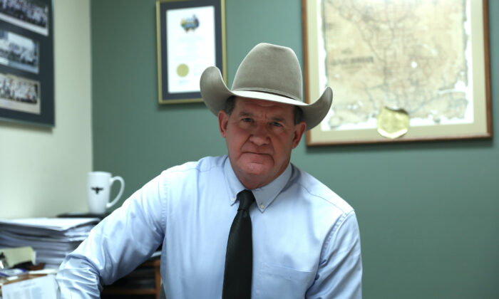 Jackson County Sheriff A.J. Louderback in his office in Edna, Texas, on Feb. 5. 2021. (Charlotte Cuthbertson/The Epoch Times)