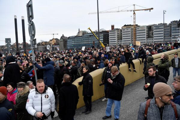 Protest in defiance of a ban on large gatherings, in Stockholm