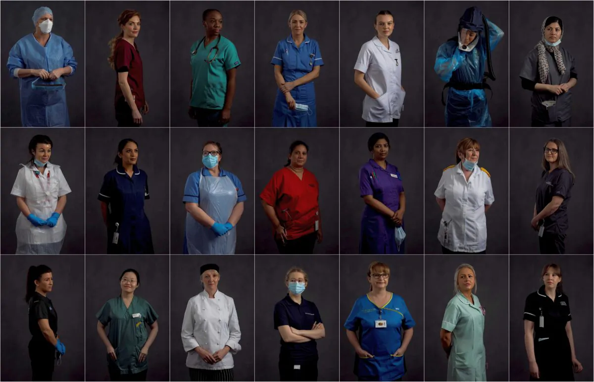 A combination picture shows East Lancashire NHS Trust healthcare workers posing for a portrait ahead of International Women's Day at The Royal Blackburn Teaching Hospital in north west England, Britain, on March 2-3, 2021. (Hannah McKay/Reuters)