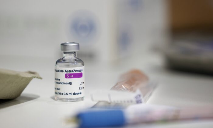 A vial of Astra Zeneca coronavirus vaccine is seen at a vaccination centre in Westfield Stratford City shopping centre, amid the outbreak of CCP virus disease (COVID-19), in London, on Feb. 18, 2021. (Henry Nicholls/Reuters)