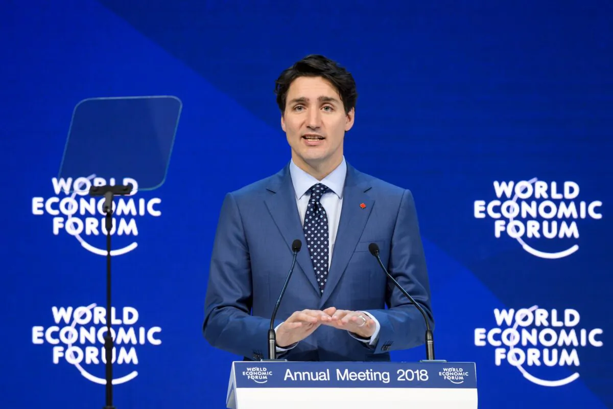 Prime Minister Justin Trudeau delivers a speech during the World Economic Forum annual meeting in Davos, Switzerland, on Jan. 23, 2018. (FABRICE COFFRINI/AFP via Getty Images)