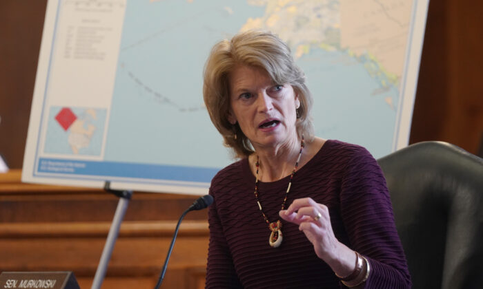 Sen. Lisa Murkowski (R-Alaska) questions Rep. Debra Haaland, (D-NM) President Joe Biden's nominee for Secretary of the Interior, during her confirmation hearing before the Senate Committee on Energy and Natural Resources, at the U.S. Capitol on Feb. 24, 2021. (Leigh Vogel-Pool/Getty Images)