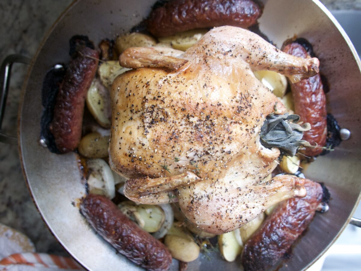 Roast Chicken With Sausages and Potatoes