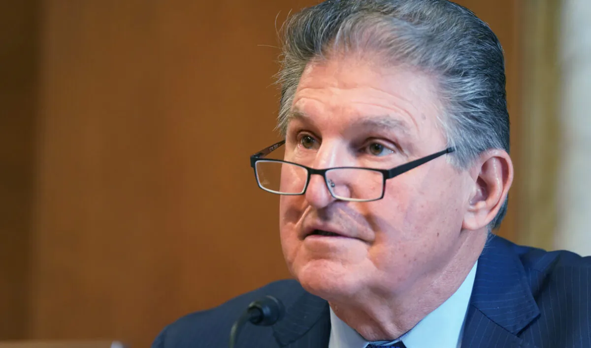 Sen. Joe Manchin (D-W.Va.) speaks during a hearing in Washington on Feb. 24, 2021. (Leigh Vogel/Pool/AFP via Getty Images)