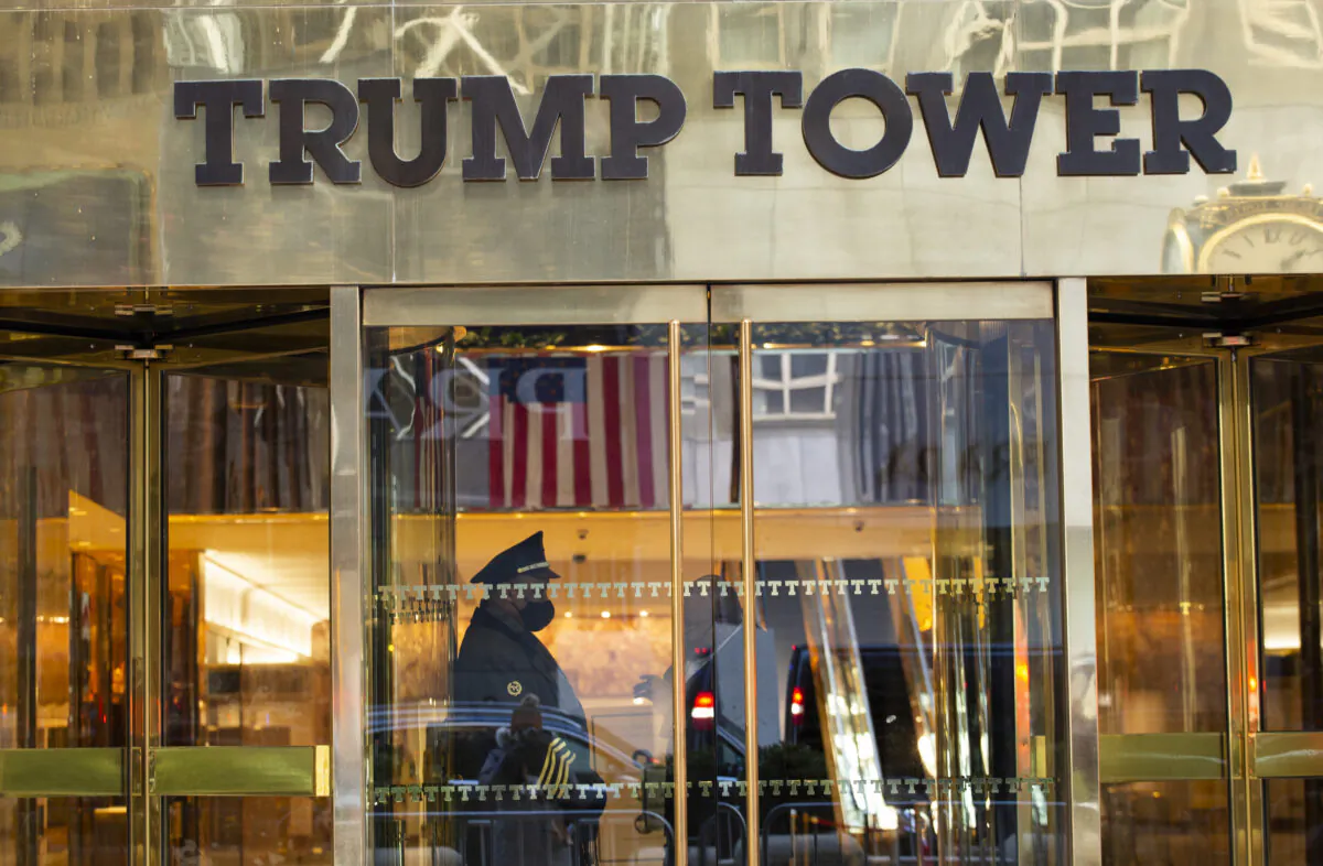 A security guard stands at the door of Trump Tower in New York on March 7, 2021. (Kena Betancur/AFP via Getty Images)
