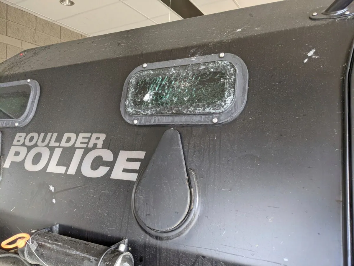 Cracked windows of a Terradyne light armored patrol vehicle is shown at the Boulder Police Department in Boulder, Colo., on March 7, 2021.  (Boulder Police Department/City of Boulder via AP)