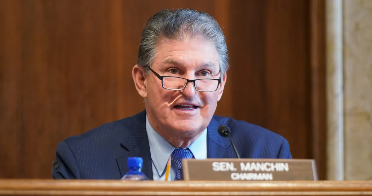Sen. Joe Manchin, (D-W.Va.), speaks during a confirmation hearing in Washington on Feb. 24, 2021. (Leigh Vogel-Pool/Getty Images)