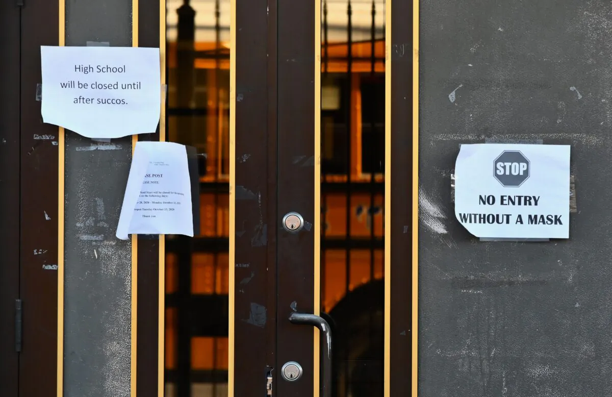 Signs are seen outside an elementary and high school in the Brooklyn neighborhood of Borough Park in New York City, on Oct. 6, 2020. (Angela Weiss/AFP via Getty Images)