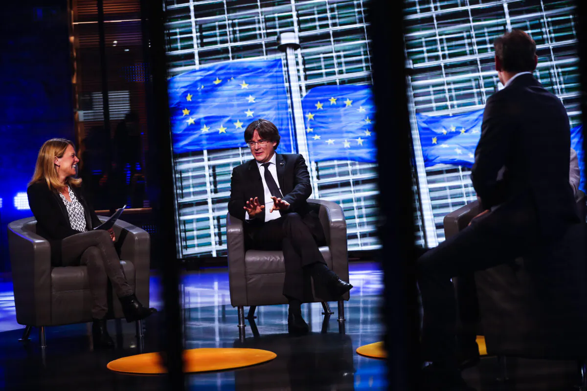 Member of European Parliament Carles Puigdemont participates in an interview at the European Parliament in Brussels, on March 9, 2021. (Francisco Seco/AP Photo)