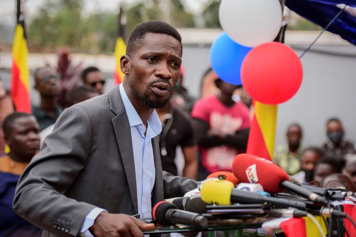 Ugandan opposition figure Bobi Wine speaks at a press conference in Kampala, Uganda, on Feb. 22, 2021. (Nicholas Bamulanzeki/AP Photo)