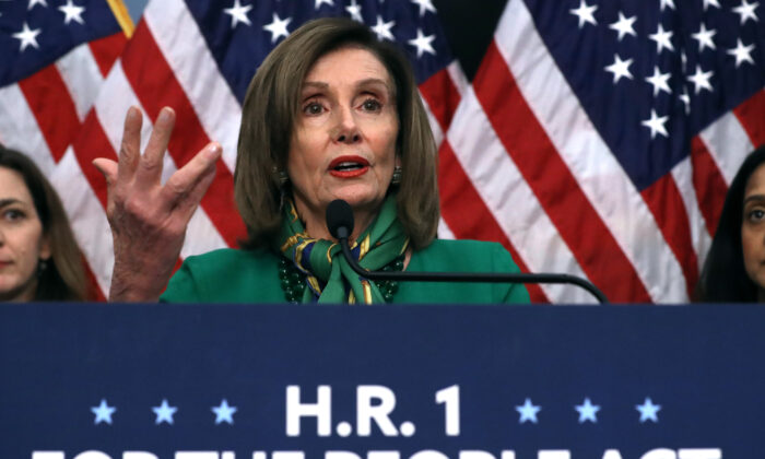 House Speaker Nancy Pelosi (D-Calif.) speaks at the Capitol in Washington on Jan. 14, 2020. (Chip Somodevilla/Getty Images)