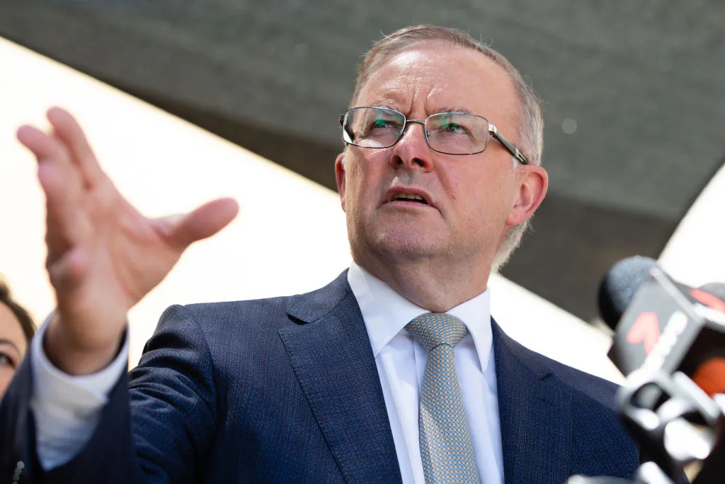 Opposition Leader Anthony Albanese speaks at a news conference after a tour of the Kwinana Nickel Refinery on March 4, 2021 in Kwinana, Australia. (Richard Wainwright-Pool/Getty Images)