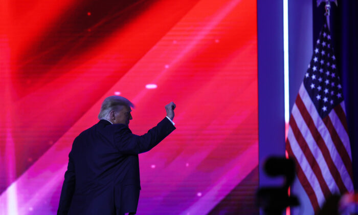 President Donald Trump walks off stage after an address to the Conservative Political Action Conference (CPAC) held in the Hyatt Regency in Orlando, Fla., on Feb. 28, 2021. (Joe Raedle/Getty Images)