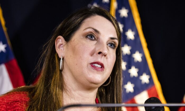 RNC Chairwoman Ronna McDaniel speaks during a press conference at the Republican National Committee headquarters in Washington on Nov. 9, 2020. (Samuel Corum/Getty Images)