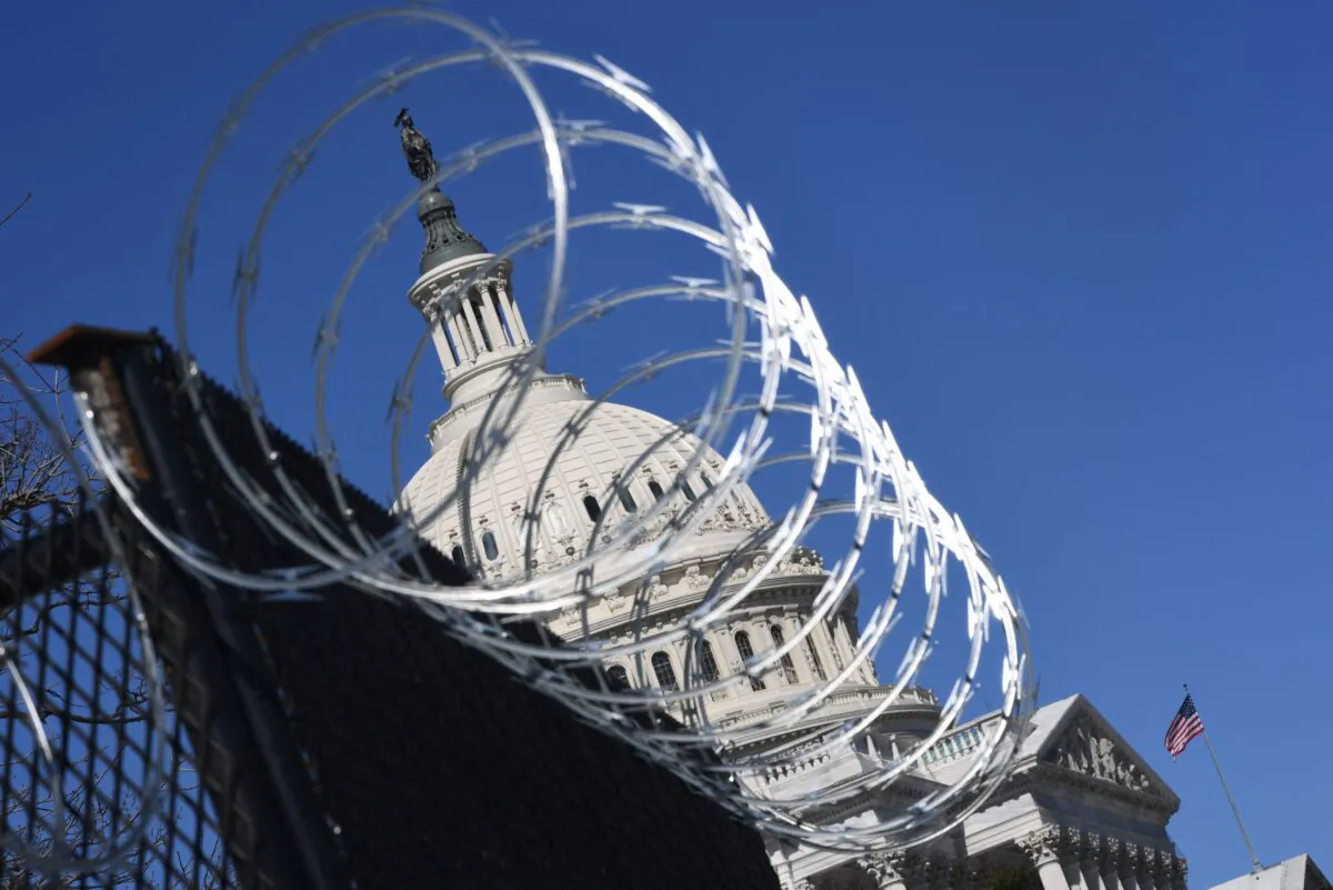 Razor wire is seen on fencing near the US Capitol Building on Capitol Hill in Washington, on March 3, 2021. (Eric Baradat/AFP via Getty Images)