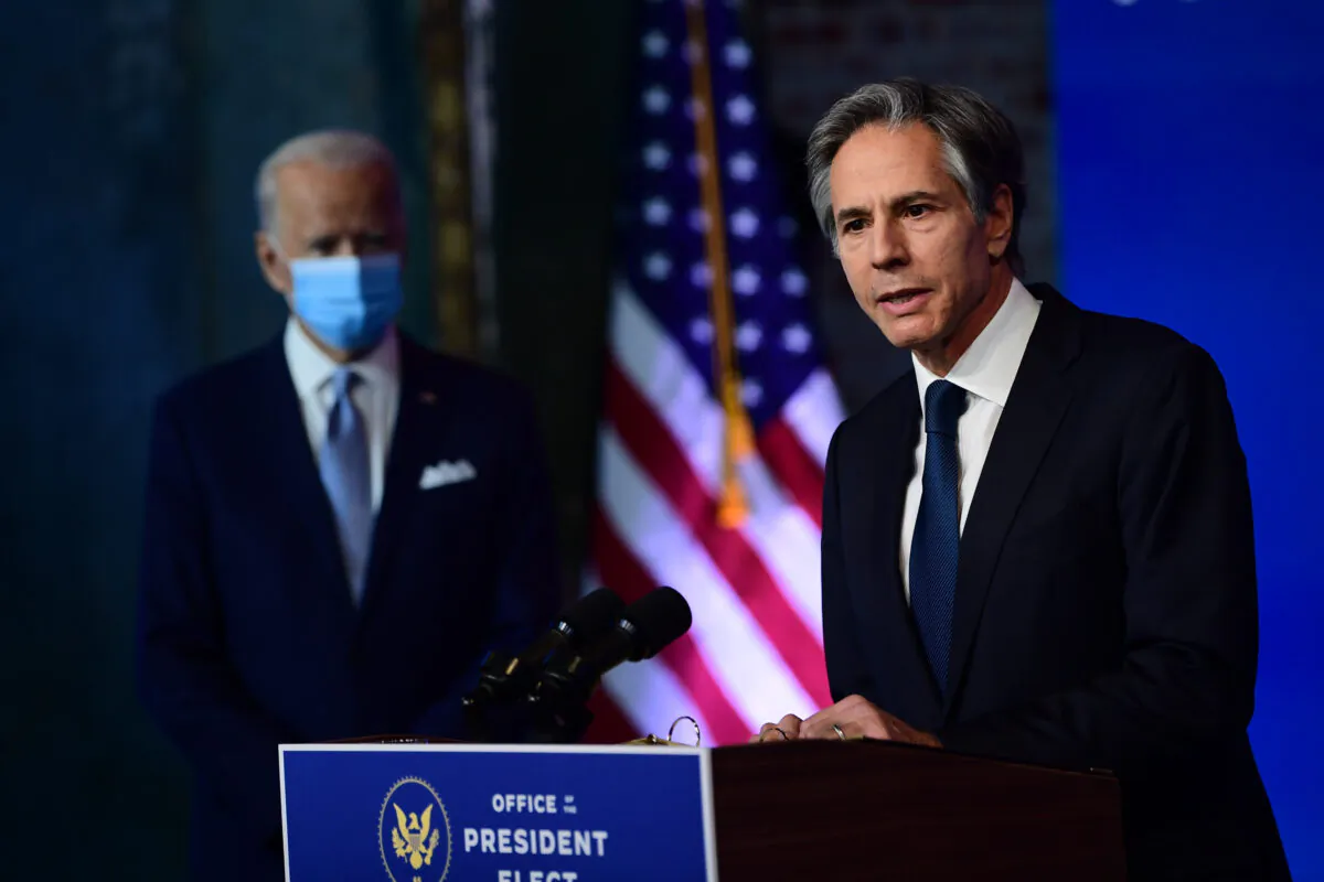 Then-Secretary of State nominee Antony Blinken speaks after being introduced by President-elect Joe Biden at the Queen Theatre in Wilmington, Del., on Nov. 24, 2020. (Mark Makela/Getty Images)