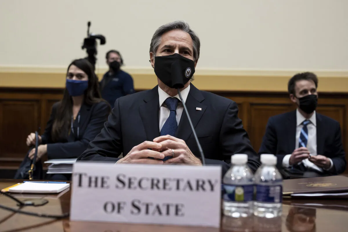Secretary of State Antony Blinken testifies before the House Committee On Foreign Affairs on Capitol Hill in Washington on March 10, 2021. (Ting Shen-Pool/Getty Images)