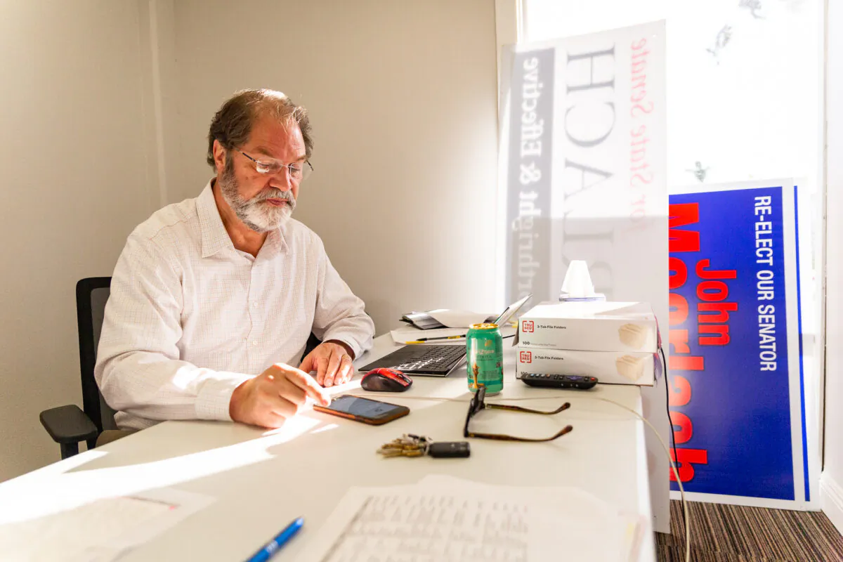John Moorlach sits at his office in Newport Beach, California, on March 9, 2021. (John Fredricks/The Epoch Times)
