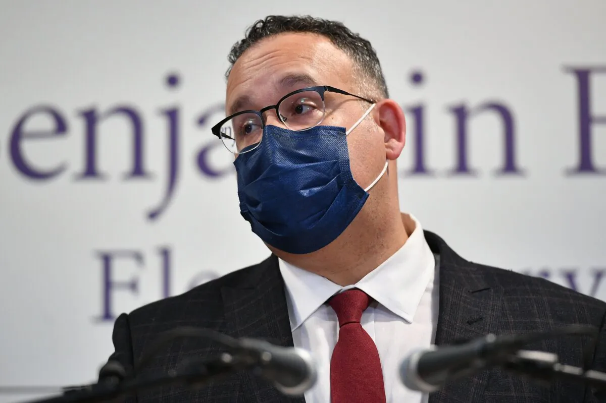 Education Secretary Miguel Cardona speaks during a tour at Benjamin Franklin Elementary School in Meriden, Conn., on March 3, 2021. (Mandel Ngan/POOL/AFP via Getty Images)