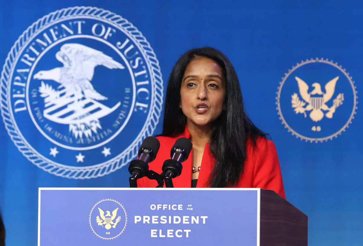 Vanita Gupta delivers remarks after being nominated to be U.S. associate attorney general by President-elect Joe Biden at The Queen theater in Wilmington, Delaware, on Jan. 7, 2021. (Chip Somodevilla/Getty Images)