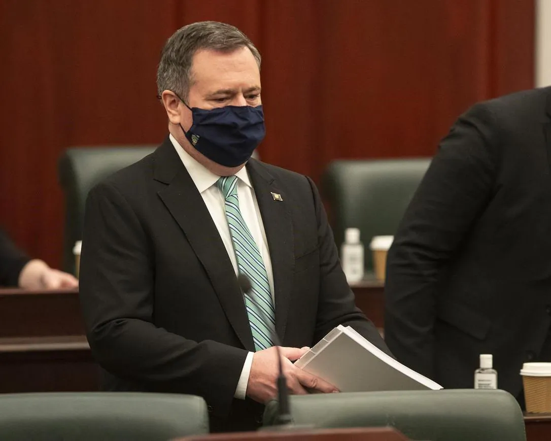 Alberta Premier Jason Kenney arrives at the 2021 budget in Edmonton on Feb. 25, 2021. Kenney says his government will make a decision later this spring on whether to pursue pulling Alberta out of the Canada Pension Plan. (Jason Franson / The Canadian Press)