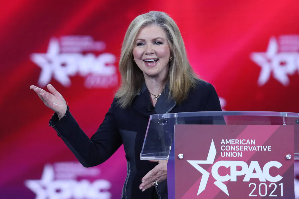 Sen. Marsha Blackburn (R-Tenn.) addresses the Conservative Political Action Conference being held in the Hyatt Regency in Orlando, Fla., on Feb. 26, 2021. (Joe Raedle/Getty Images)