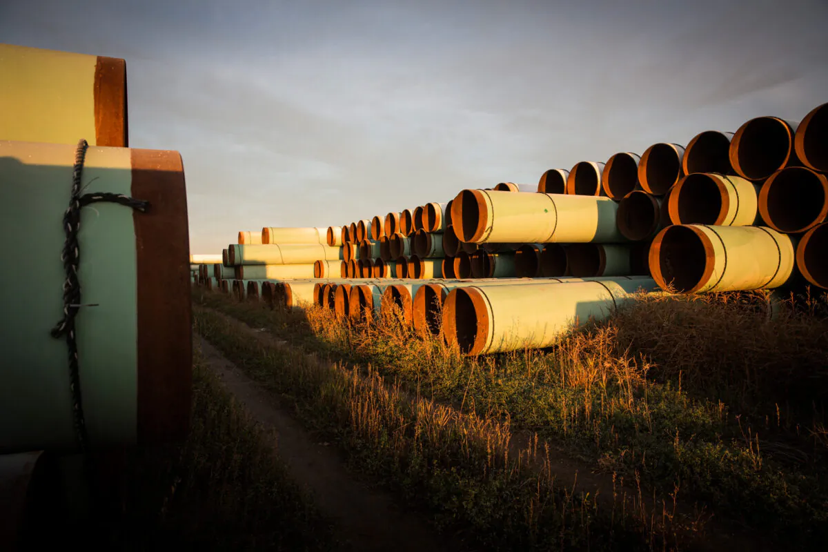 Miles of unused pipe, prepared for the proposed Keystone XL pipeline, sit in a lot outside Gascoyne, N.D., on Oct. 14, 2014. (Andrew Burton/Getty Images)