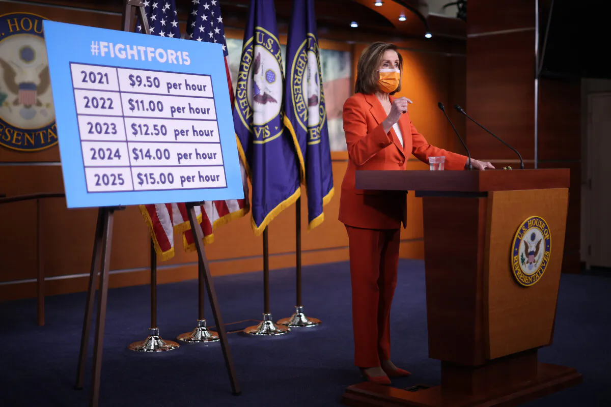 Speaker of the House Nancy Pelosi (D-Calif.) holds her weekly news conference one day after Congress passed a $1.9 trillion COVID-related stimulus package at the U.S. Capitol in Washington, on March 11, 2021. (Chip Somodevilla/Getty Images)
