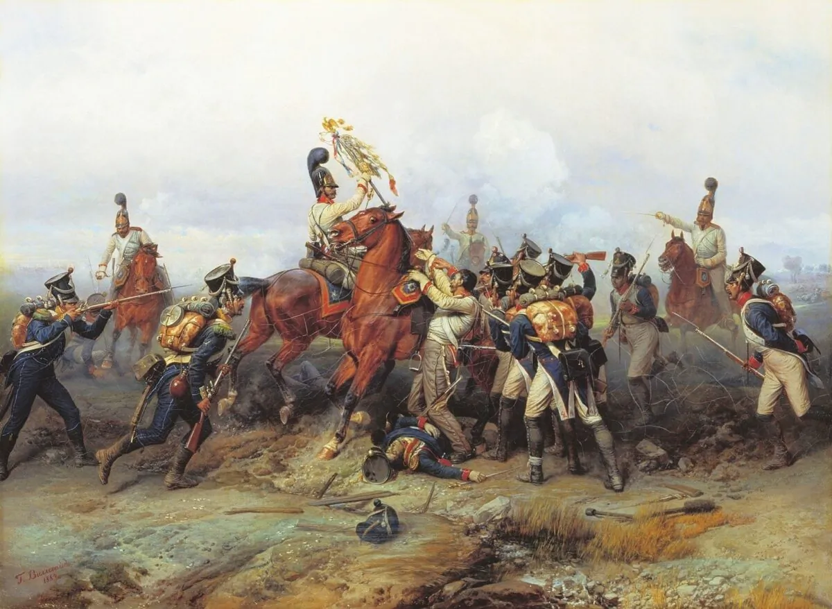 "Feat of Cavalry Regiment at the Battle of Austerlitz" by Bogdan Pavlovich Willewalde, circa 1884. Advanced skills and techniques in agriculture, manufacturing, transportation, and communication have not in themselves guaranteed human happiness or well-being. As Russell points out, the same men who tamed the horse to pull a plow also employed the animal to make war and enslave peaceable populations. (Public Domain)