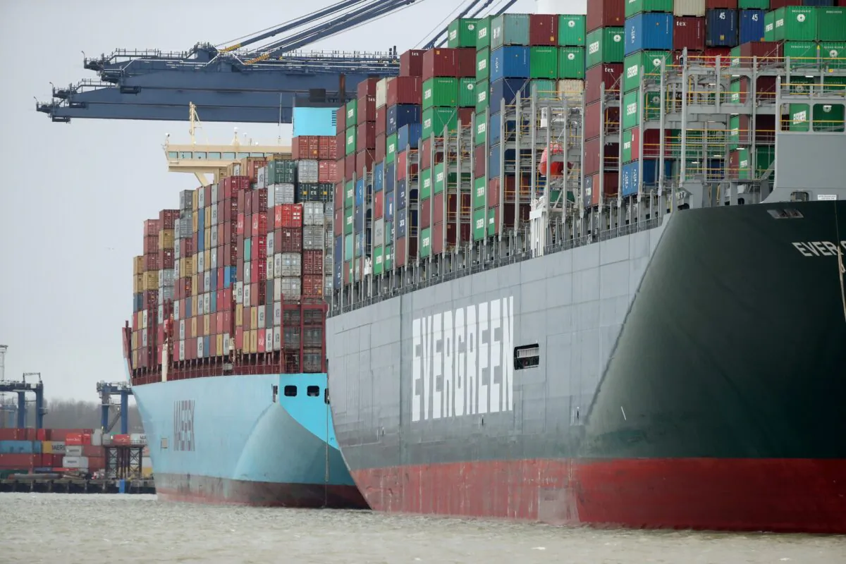 A view of the Port of Felixstowe, as containers are seen aboard the container ship Evergreen, in Felixstowe, Britain, on Jan. 28, 2021. (Peter Cziborra/Reuters)