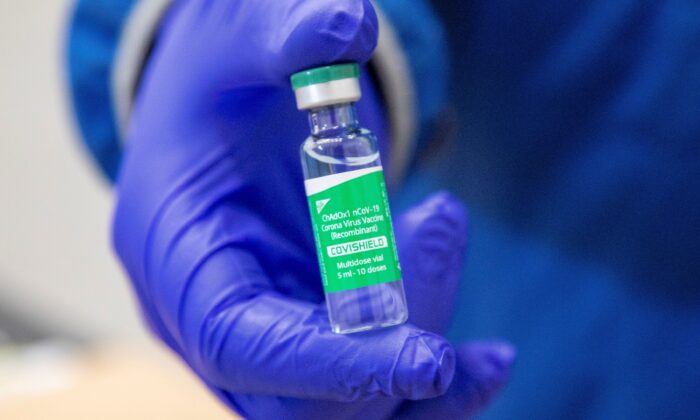 A vial of some of the first 500,000 of the two million AstraZeneca COVID-19 vaccine doses that Canada has secured through a deal with the Serum Institute of India in partnership with Verity Pharma at a facility in Milton, Ont., Canada, on March 3, 2021. (Carlos Osorio - POOL/The Canadian Press)