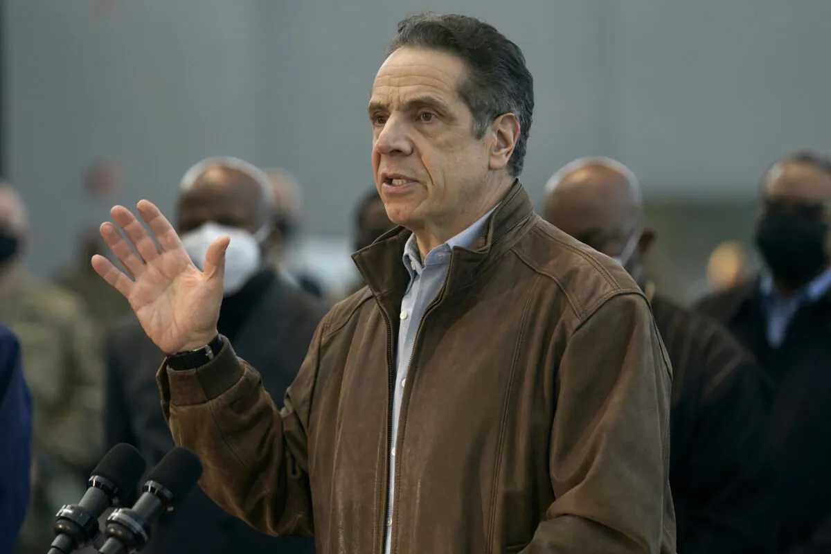 New York Gov. Andrew Cuomo speaks at a vaccination site at the Jacob K. Javits Convention Center in New York City on March 8, 2021. (Seth Wenig-Pool/Getty Images)