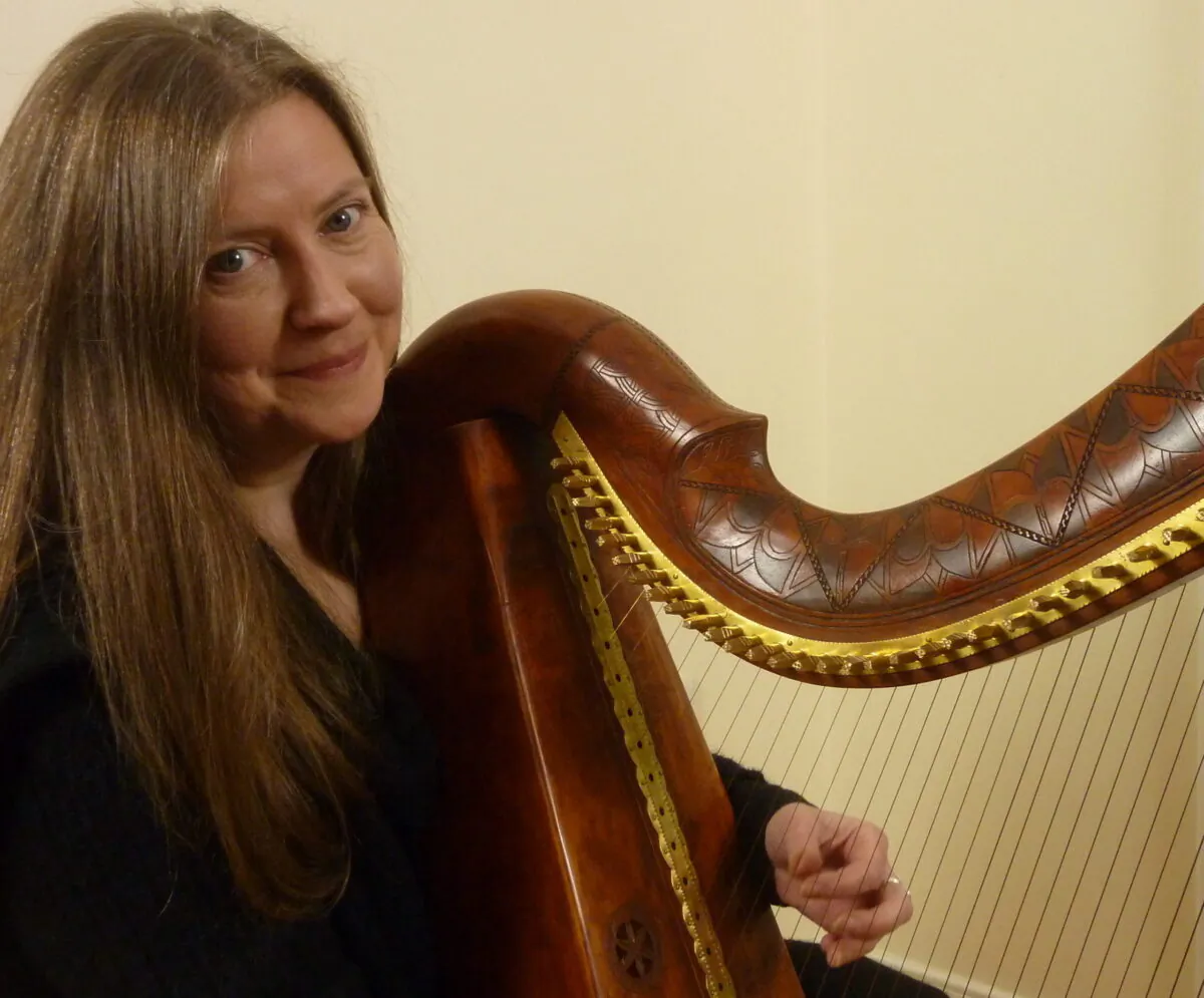 Musician Sylvia Crawford specializes in playing the early Irish harp, which unlike the modern harp has metal strings and no mechanisms. (Simon Chadwick)