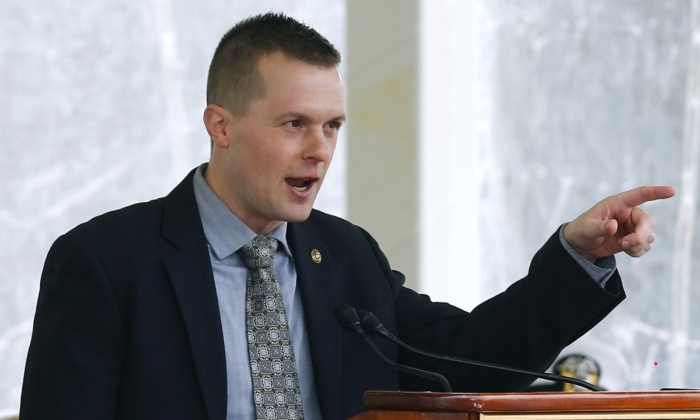 Rep. Jared Golden (D-Maine) speaks in Bath, Maine. Golden was the only Democratic lawmaker to break with his party and vote against the $1.9 trillion COVID-19 relief package on March 10, 2021. (David Sharp, File/AP Photo)