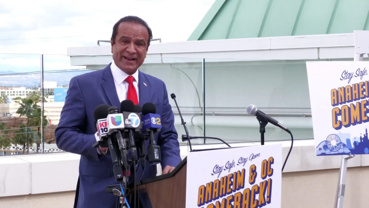 Anaheim Mayor Harry Sidhu speaks during a press conference in Anaheim, Calif., on March 11. (Zach Li/The Epoch Times)