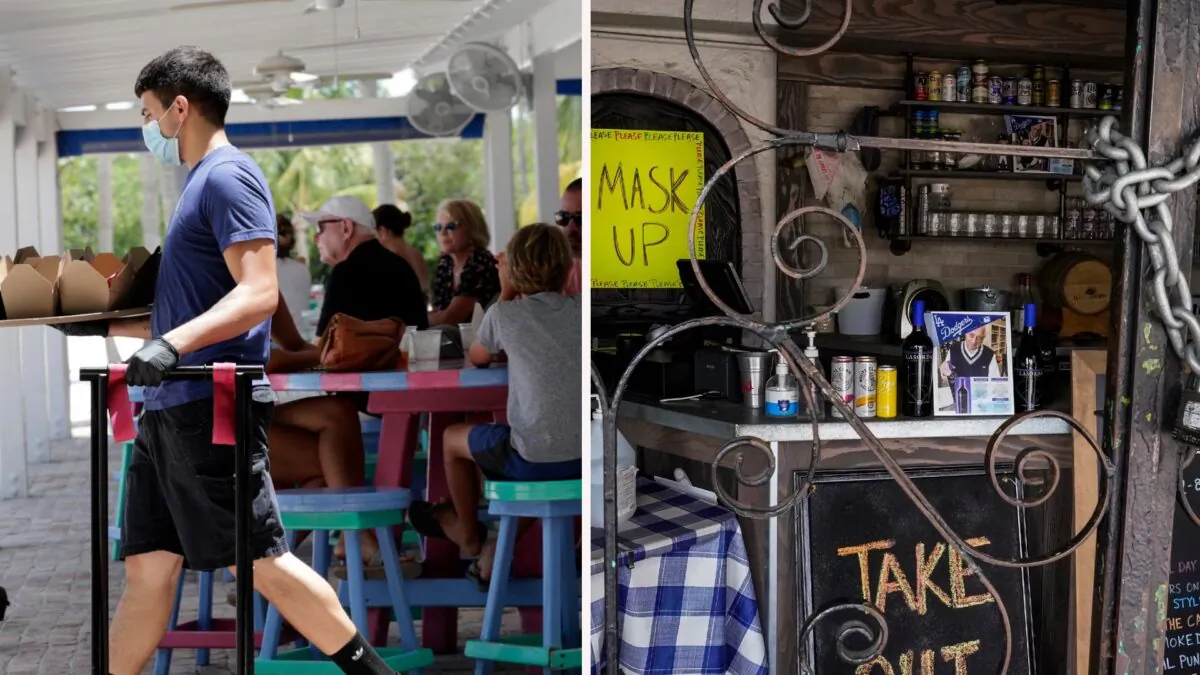 (L) Charles Perez wears a protective face mask and gloves as he waits on tables at the Morada Bay Beach Cafe in Islamorada, in the Florida Keys on June 1, 2020. (Lynne Sladky/AP).  (R) The doors of the Baby Blues BBQ restaurant are seen locked in Los Angeles, Calif., on Jan. 25, 2021. (Damian Dovarganes/AP, File).