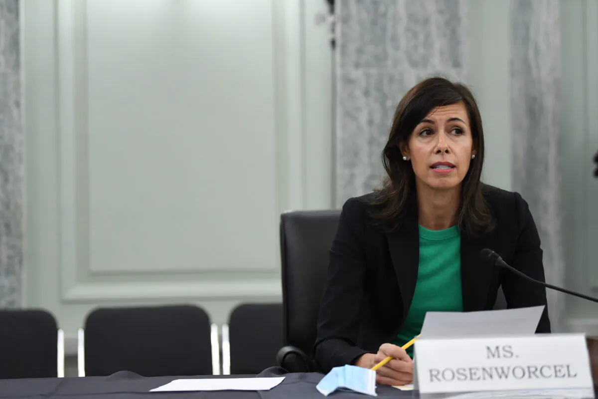 The Federal Communications Commission’s then-commissioner Jessica Rosenworcel speaks during a hearing on Capitol Hill on June 24, 2020. (Alex Wong/Pool via AP, File)