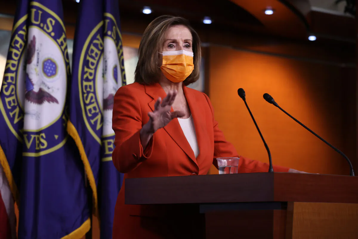 House Speaker Nancy Pelosi (D-Calif.) holds a news conference at the U.S. Capitol Visitors Center, in Washington, on March 11, 2021. (Chip Somodevilla/Getty Images)