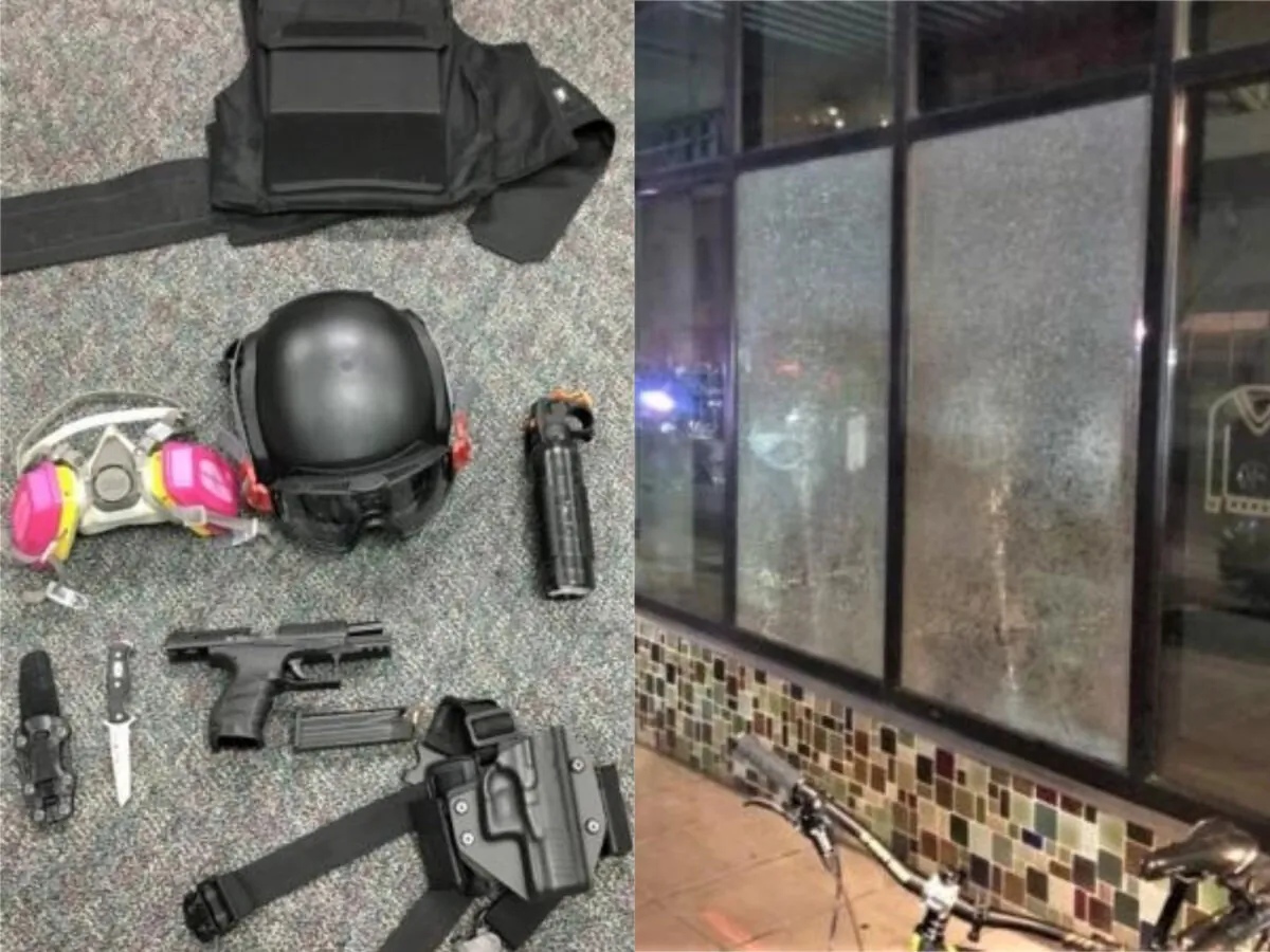 On left, some of the weapons seized from rioters in Portland, Ore., on March 12, 2021. On right, windows smashed by rioters in Portland, Ore., on March 12, 2021. (PPB)
