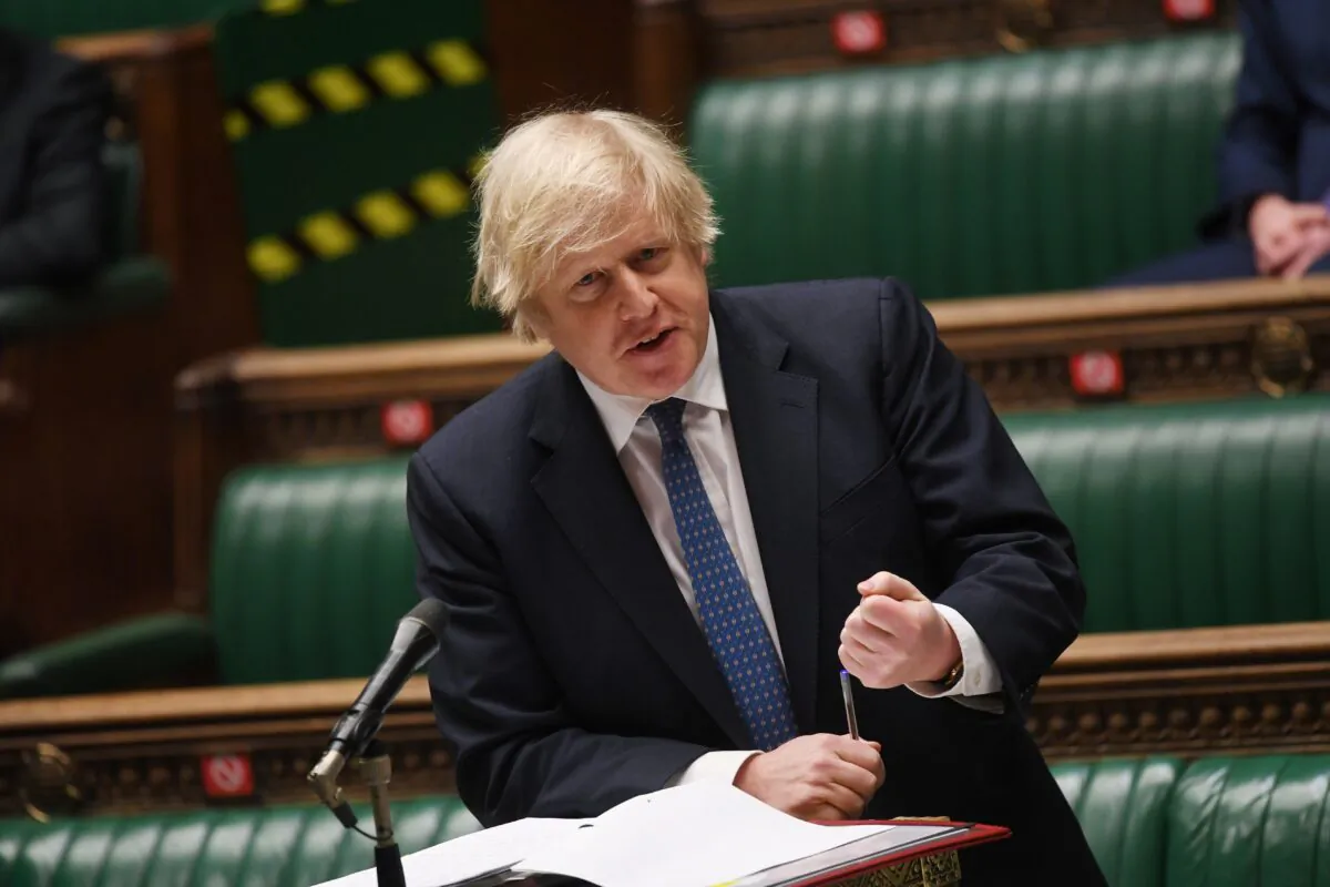 Britain's Prime Minister Boris Johnson speaks during the weekly question time debate at the House of Commons in London, Britain, on March 10, 2021. (UK Parliament/Jessica Taylor/Handout via Reuters)